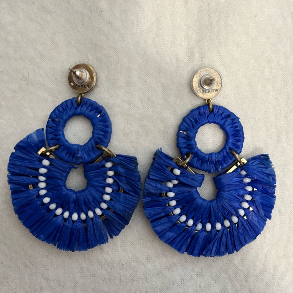 J.Crew Raffia Fan Earring Cobalt Blue White Beads - Picture 2 of 6